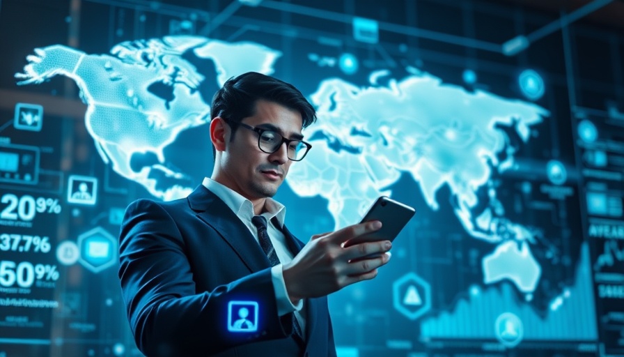 Professional using smartphone with digital marketing icons, representing local mobile marketing.