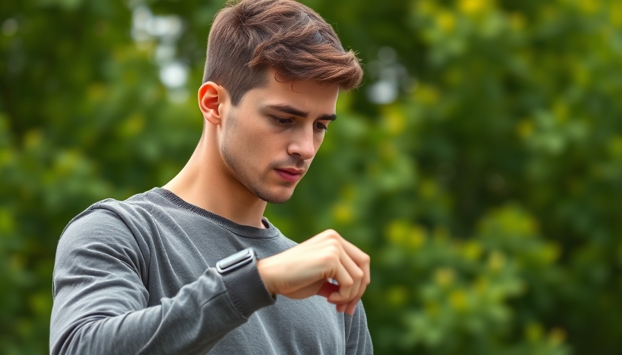 Young man checking smartwatch outdoors.