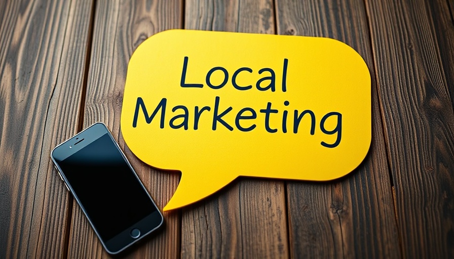 Yellow speech bubble with 'Local Marketing' text on a wooden table beside a smartphone, local SEO checklist theme.