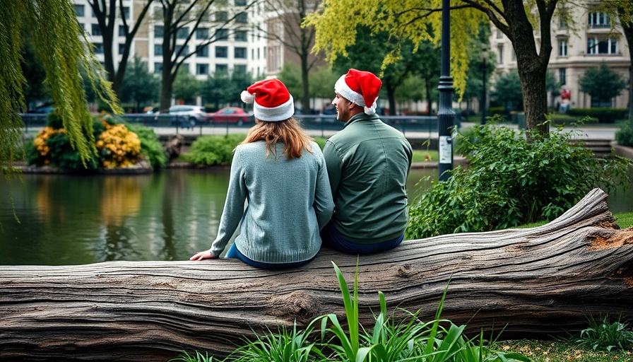 Couple in a park with Santa hats during holiday returns season.