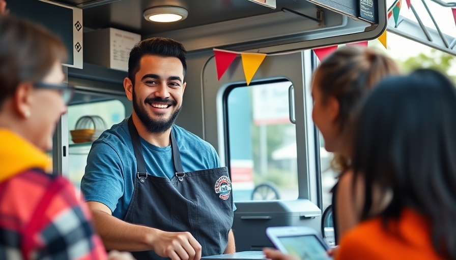 Friendly food truck staff serving customers
