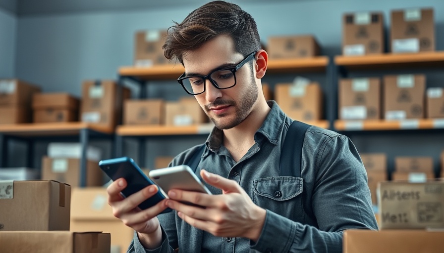 Young man choosing drop shipping partners among packaging boxes.