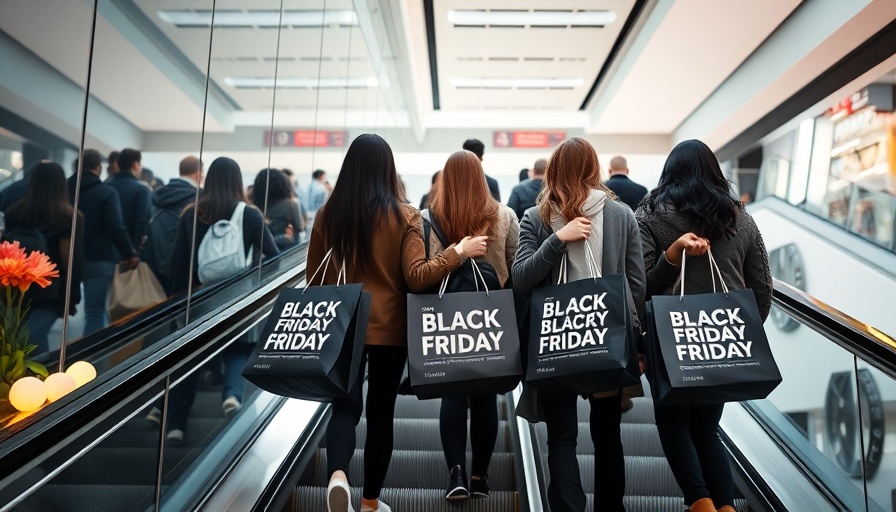Black Friday shopping bags on escalator in modern mall.