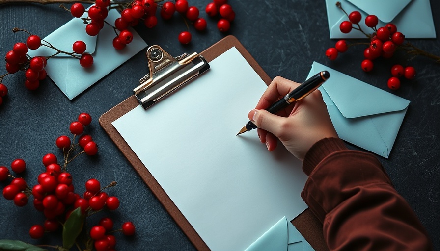 Elegant hand writing business apology letter amidst berries and envelopes.