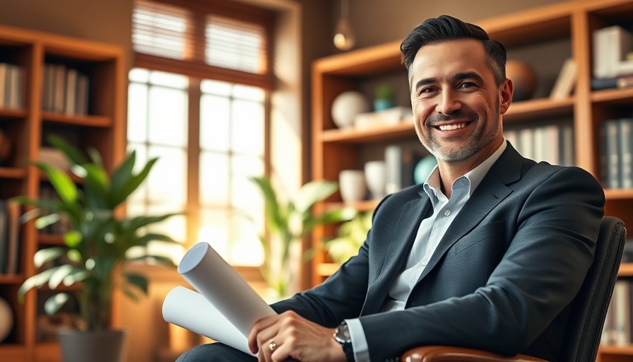 Confident businessman in office symbolizes success.