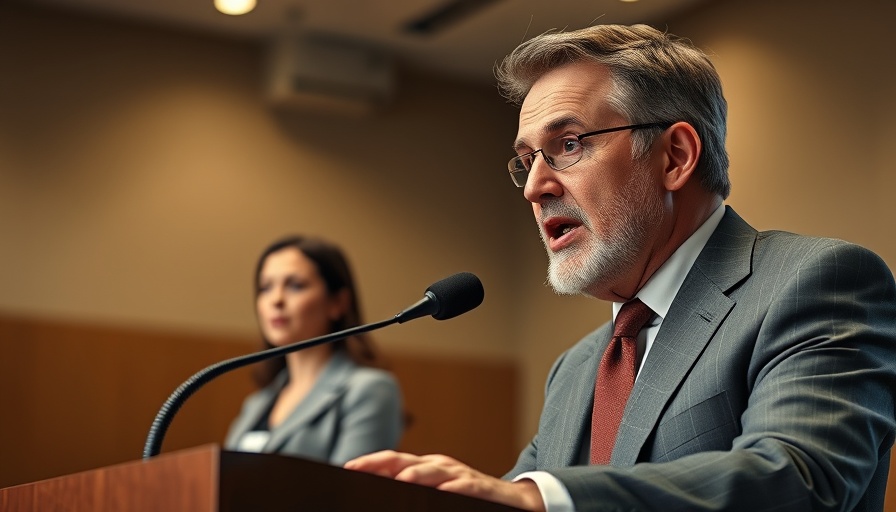 Man at podium in meeting discussing digital publishing notice.