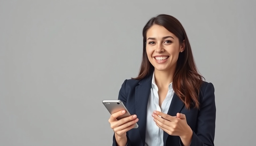 Smiling woman using phone for Yelp messaging, promoting local business.