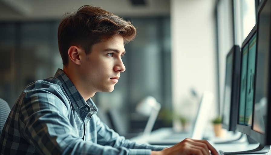 Focused young man considering sales forecasting in office setting.