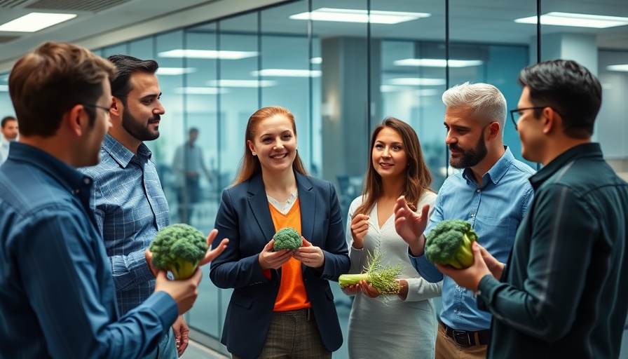 Innovative team discusses weird product ideas with broccoli in office.