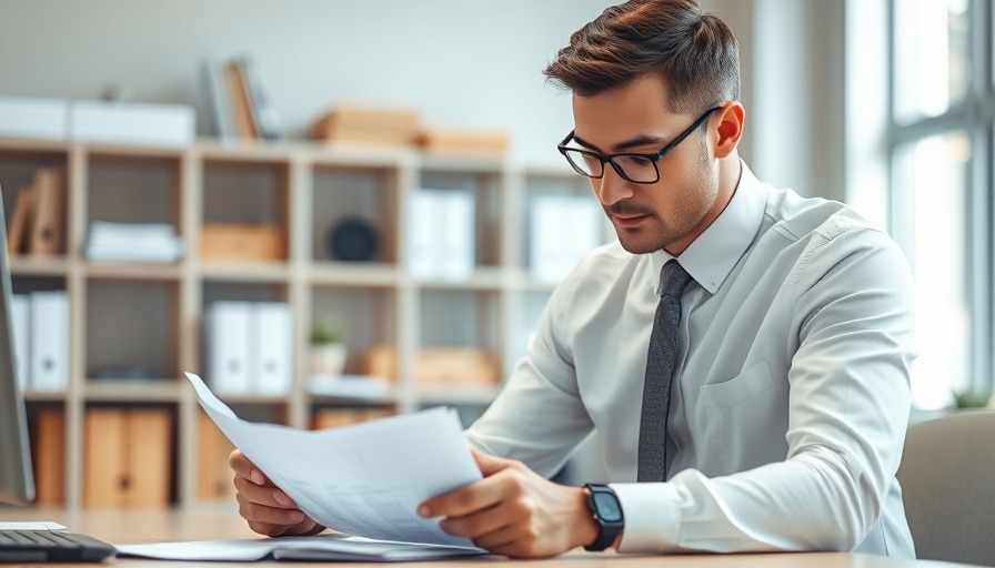 Focused professional considering local advertising ideas at office desk.