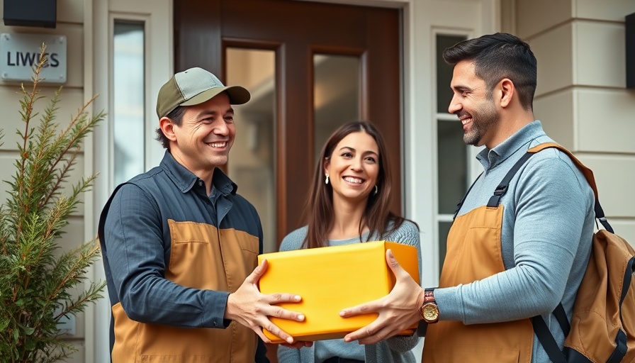 Delivery personnel interacting with a couple about eCommerce customer service plan.