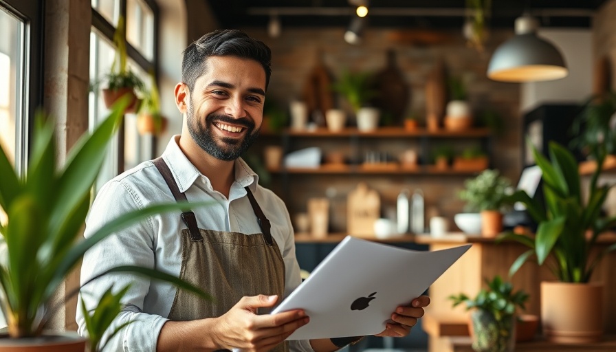 Smiling shopkeeper, using laptop to close a sale in a cafe.