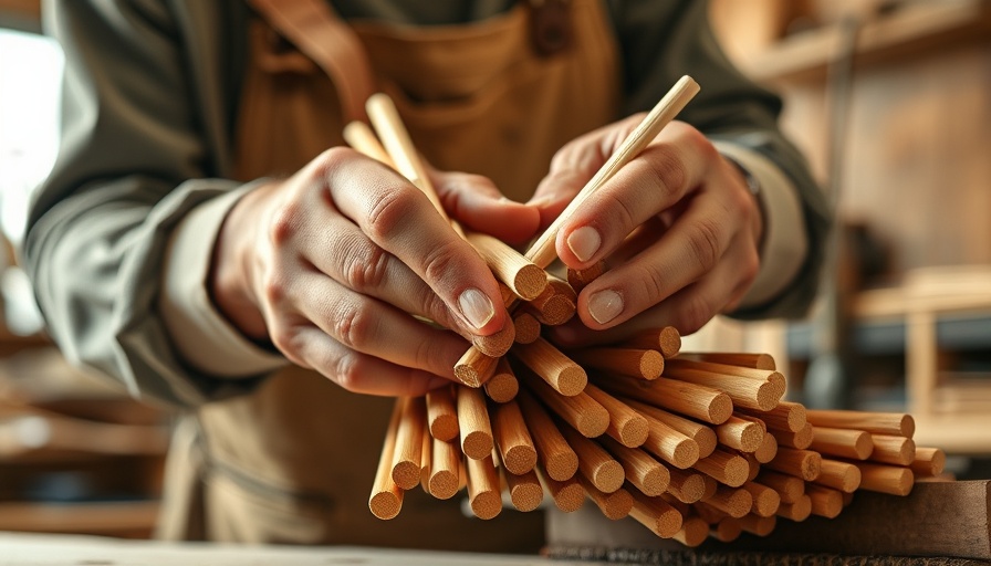 Artisan meticulously arranging wooden dowels in workshop.