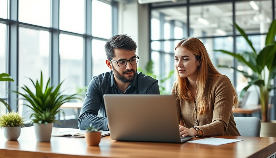 Two professionals collaborating on a laptop in a modern office