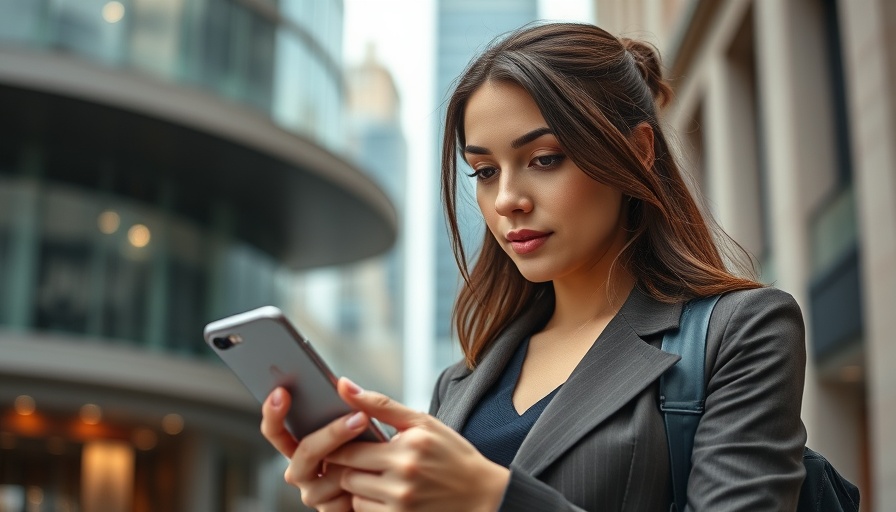 Professional woman in urban setting using smartphone for law practice marketing strategies.