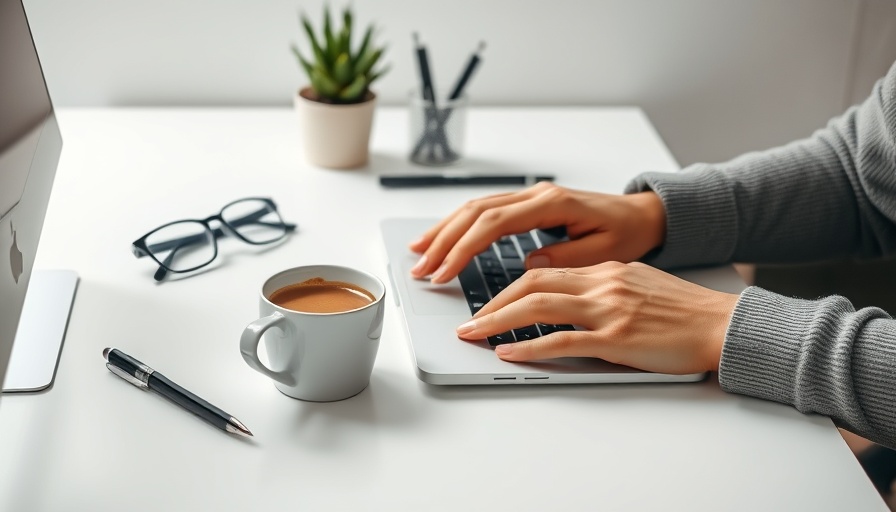 Mastering business concepts with a laptop and coffee in a modern workspace.