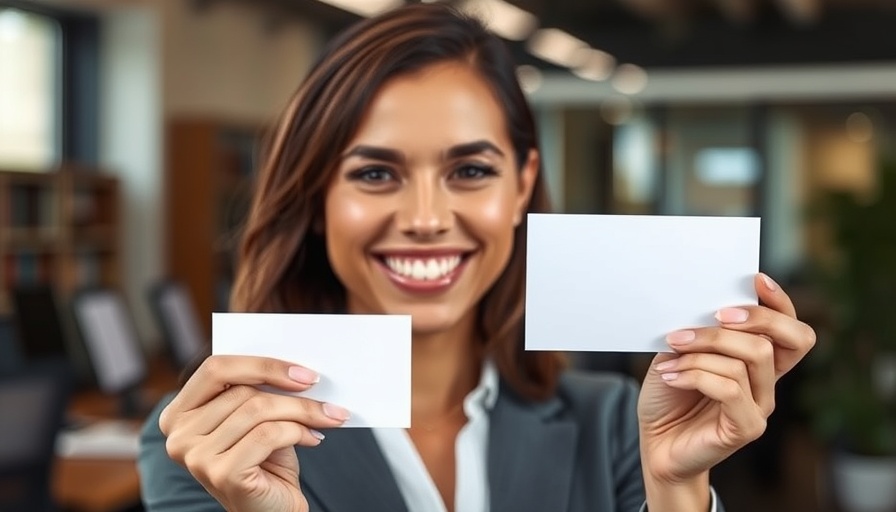 Smiling woman in office showing blank business card, essential business card facts.