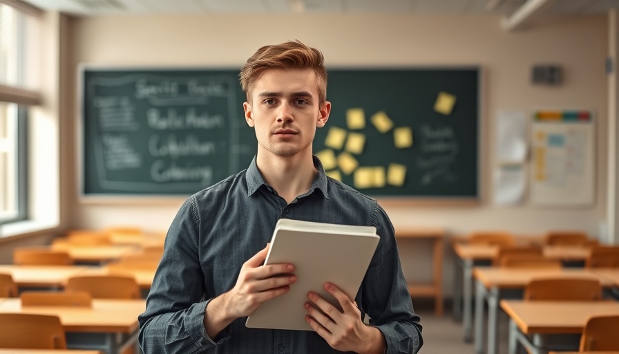 Young man in classroom with notebook, mastering Meta Descriptions.