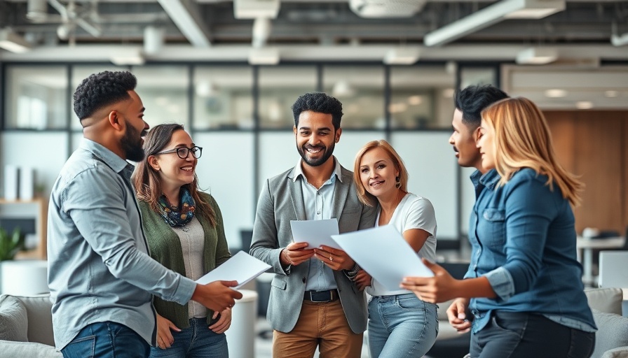 Creative team brainstorming local marketing ideas in modern office