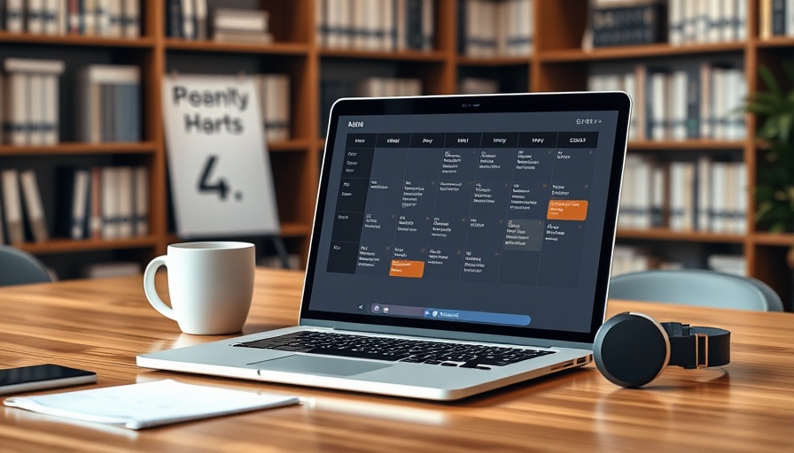 Laptop with booking software open on desk, coffee nearby, virtual assistant concept.
