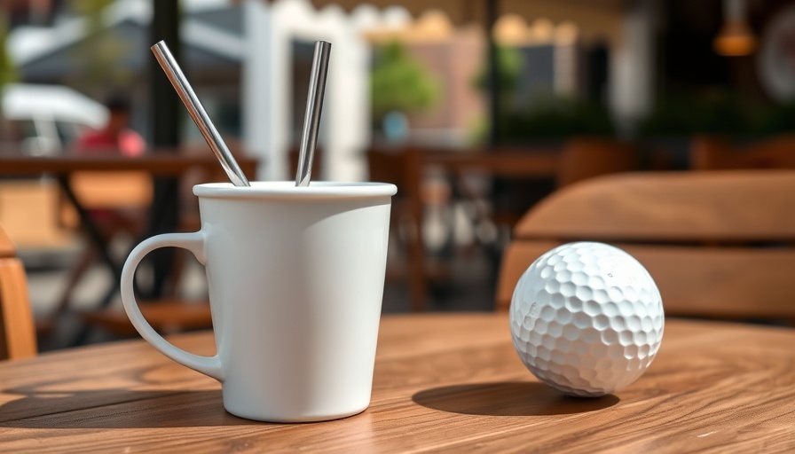 Weird coffee mugs: White mug with straw and golf ball on wooden table.