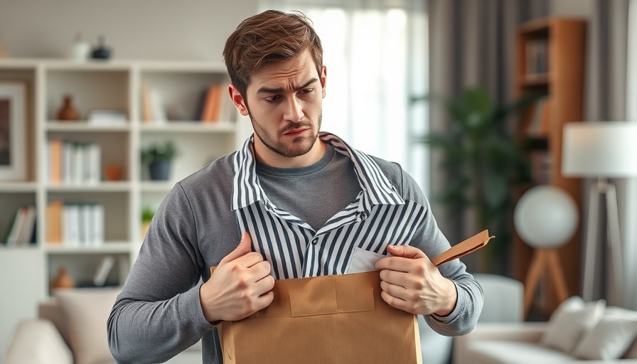 Frustrated man on phone holding a striped shirt, creating an effective return policy.