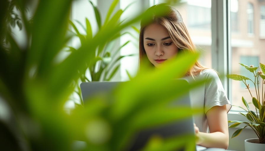 Woman working on a laptop in a lush plant-filled space, illustrating local marketing strategies for small businesses.