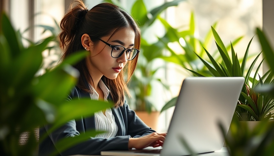 Businesswoman working on laptop in greenhouse, successful small business website.