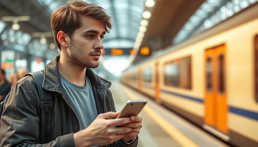 Casual young man with smartphone at train station; Holiday Returns Management.