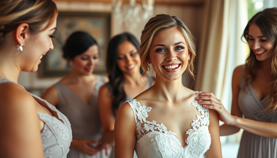 Bride smiling warmly as bridesmaids help her, related to hiring a bridesmaid.