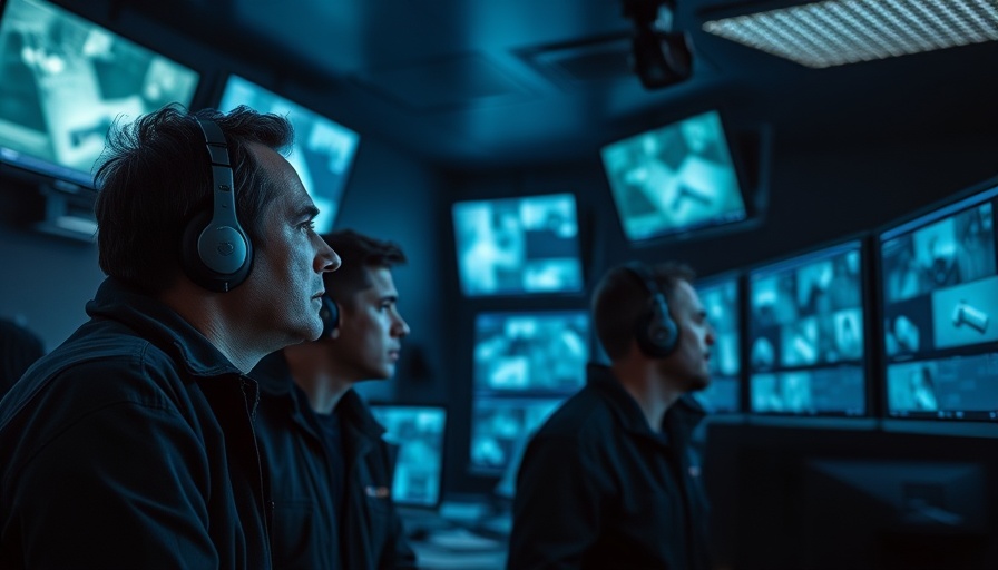 Security personnel monitoring surveillance footage at night in a control room.