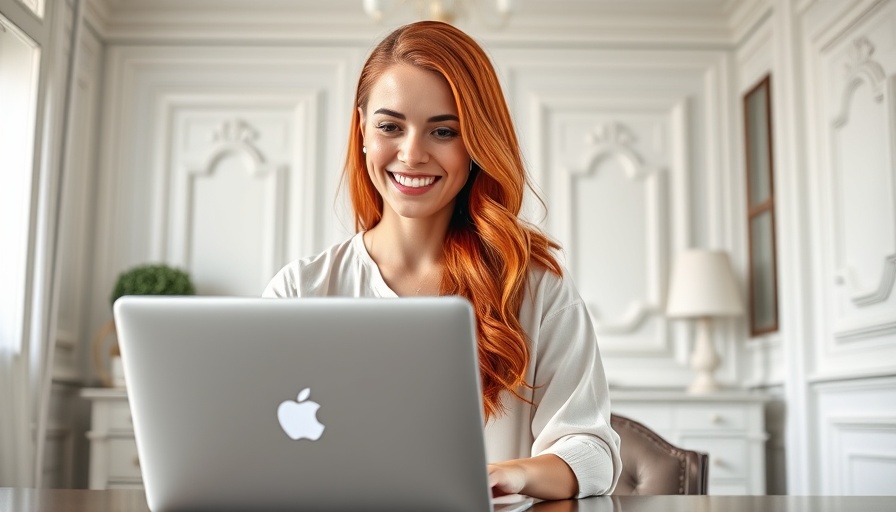 Woman researching starting a hat business on a laptop in a bright home office.