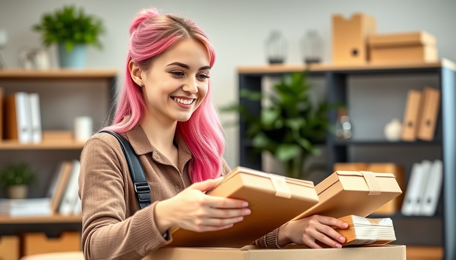 Young woman organizing packages at desk, researching best free Shopify apps for small businesses.