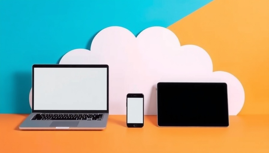 Tech setup with devices and cloud on blue surface, cloud proposal writing concept