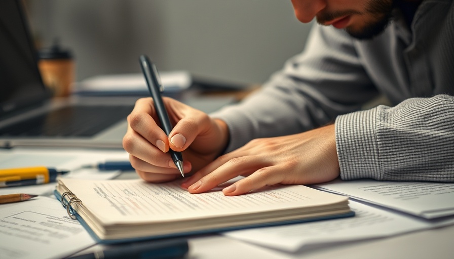 Close-up of hand writing in a notebook, blurred office setting.