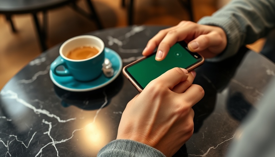 Seamless payment in a cafe with a smartphone near a turquoise tea cup.