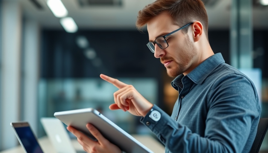 Man exploring Manta Business Directory on tablet.