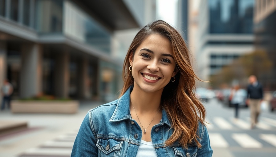 Confident young woman in denim, smiling, urban setting - Native American entrepreneurs.