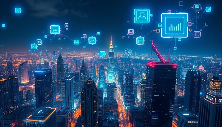 Futuristic tech city with digital data icons above skyscrapers, vibrant.