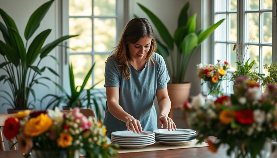 Woman arranging a table with flowers to attract female customers.