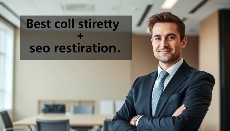 Small business SEO strategy text with man in suit in office.