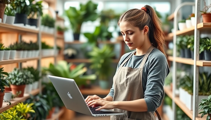 Independent Retailer Month: Young woman in plant store using laptop.