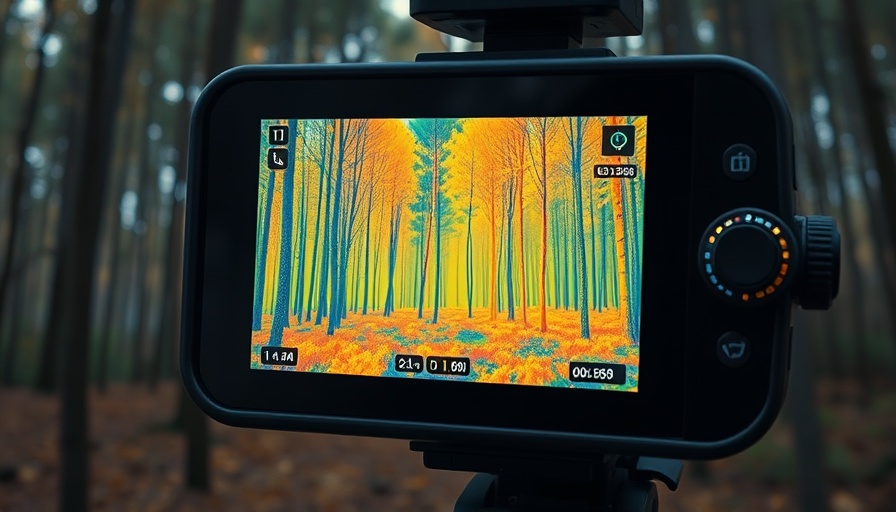 Sistema de imágenes térmicas con IA para prevención de incendios forestales, advanced technology detecting heat in forest.