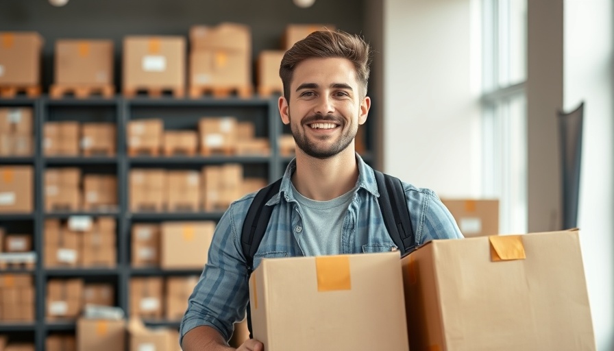 Young man holding boxes in organized office for effective business strategies.