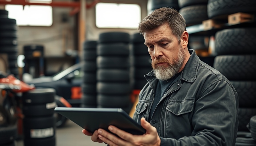 Middle-aged man checking automotive parts pricing in a tire workshop.