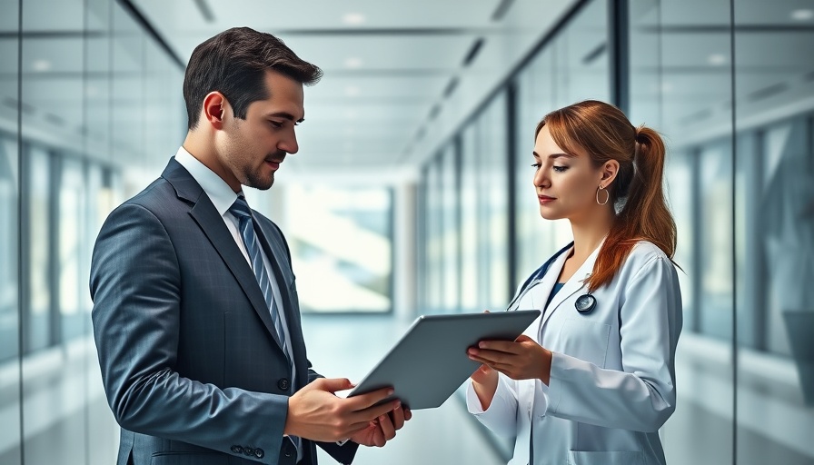 Businessman and doctor discussing effective sales demo strategies in office.