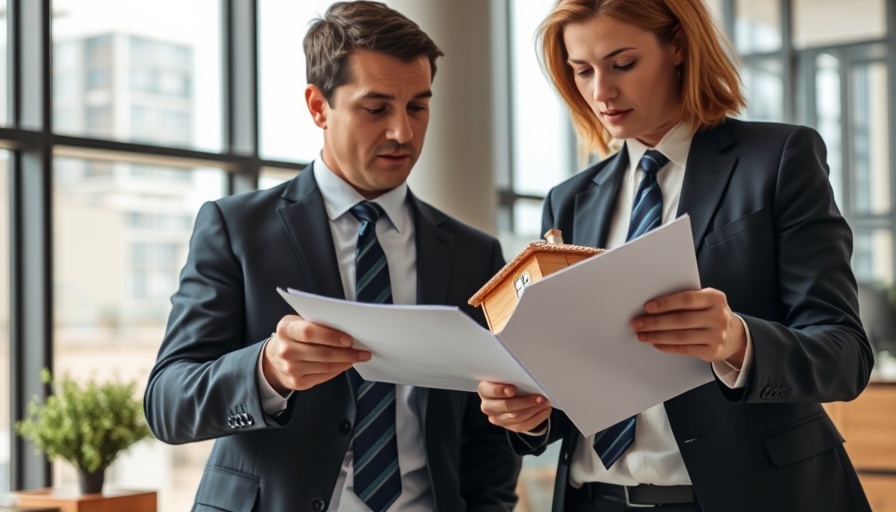 Two professionals discuss sales strategies with model house and documents.