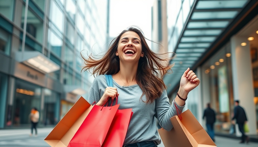 Smiling woman with shopping bags in urban setting, colorful and lively.