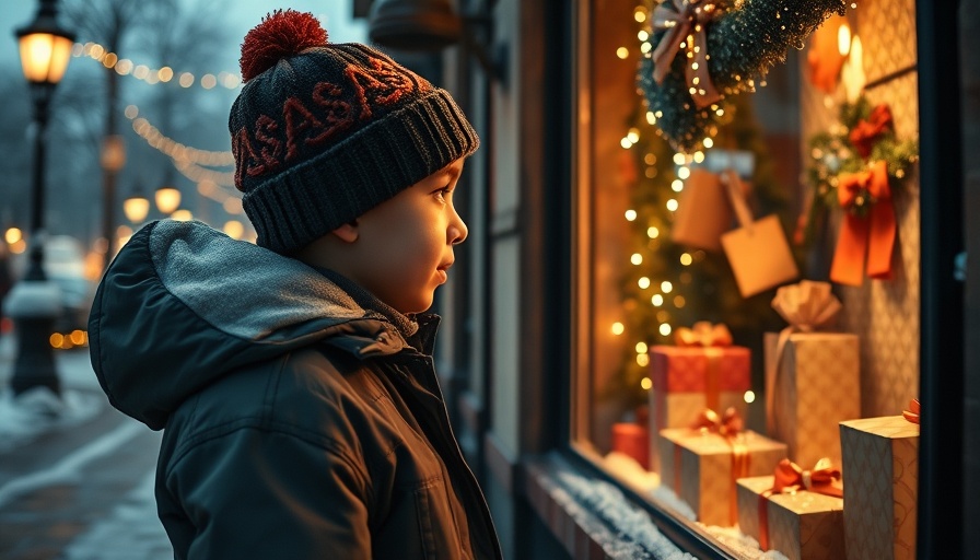 Creative window displays with festive holiday decor and child observing.