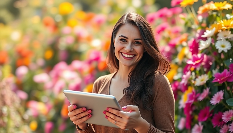 Woman with tablet in garden surrounded by flowers, sunny day.